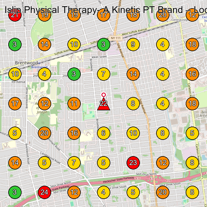Islip Physical Therapy- A Kinetic PT Brand Physical Therapy Clinic GeoGrid ranking map for Central Islip NY